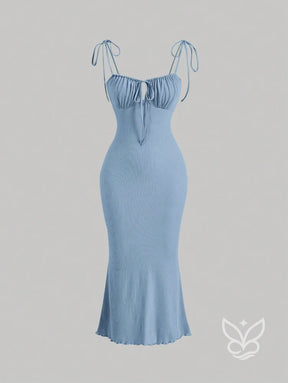 Vestido Mini Franzido no Busto Amarração no Ombro e Decote Cami Azul Bebê / PP Vestido Mini Franzido no Busto Amarração