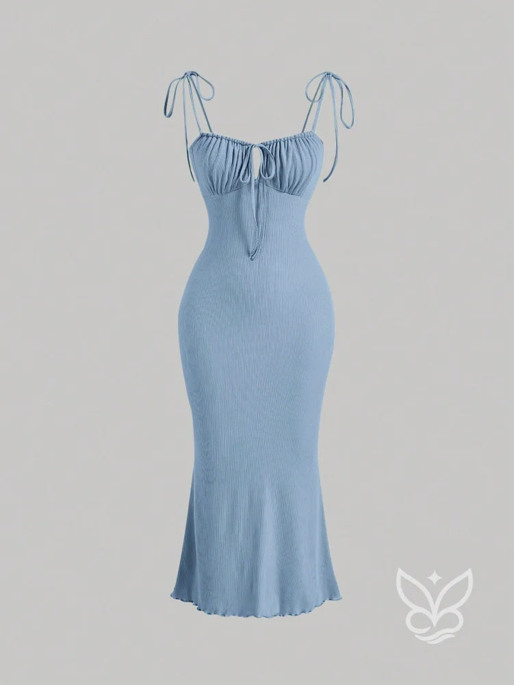 Vestido Mini Franzido no Busto Amarração no Ombro e Decote Cami Azul Bebê / PP Vestido Mini Franzido no Busto Amarração