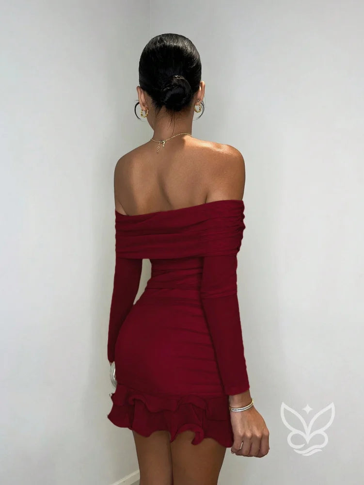 Vestido Ombro a Ombro Com Manga Longa Babados E Franzidos Vestido Ombro a Ombro Com Manga Longa Babados E Franzidos