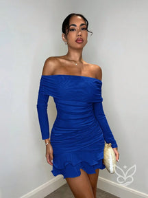 Vestido Ombro a Ombro Com Manga Longa Babados E Franzidos Azul Royal / PP Vestido Ombro a Ombro Com Manga Longa Babados