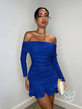 Vestido Ombro a Ombro Com Manga Longa Babados E Franzidos Azul Royal / PP Vestido Ombro a Ombro Com Manga Longa Babados