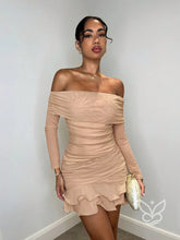 Vestido Ombro a Ombro Com Manga Longa Babados E Franzidos Caqui / PP Vestido Ombro a Ombro Com Manga Longa Babados E