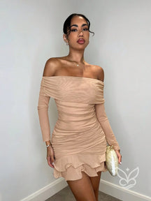 Vestido Ombro a Ombro Com Manga Longa Babados E Franzidos Caqui / PP Vestido Ombro a Ombro Com Manga Longa Babados E