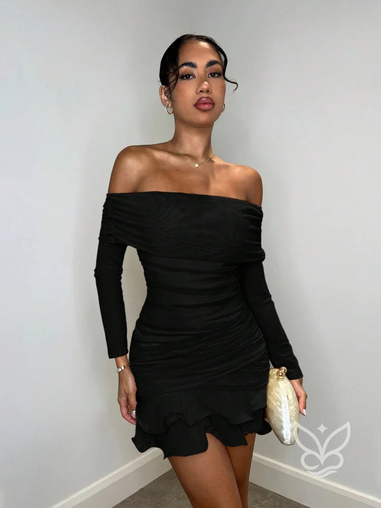 Vestido Ombro a Ombro Com Manga Longa Babados E Franzidos Preto / PP Vestido Ombro a Ombro Com Manga Longa Babados E