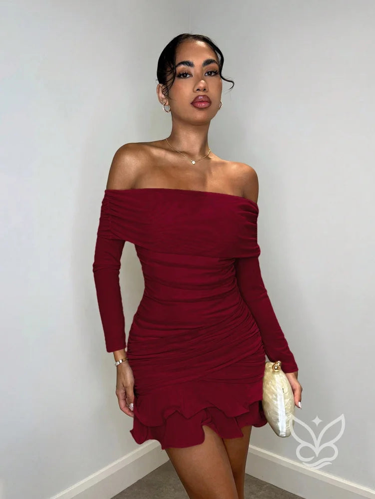 Vestido Ombro a Ombro Com Manga Longa Babados E Franzidos Vinho / PP Vestido Ombro a Ombro Com Manga Longa Babados E