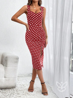 Vestido Poá Com Cordão Fenda Lateral Ajustável Elegante Vestido Poá Com Cordão Fenda Lateral Ajustável Elegante