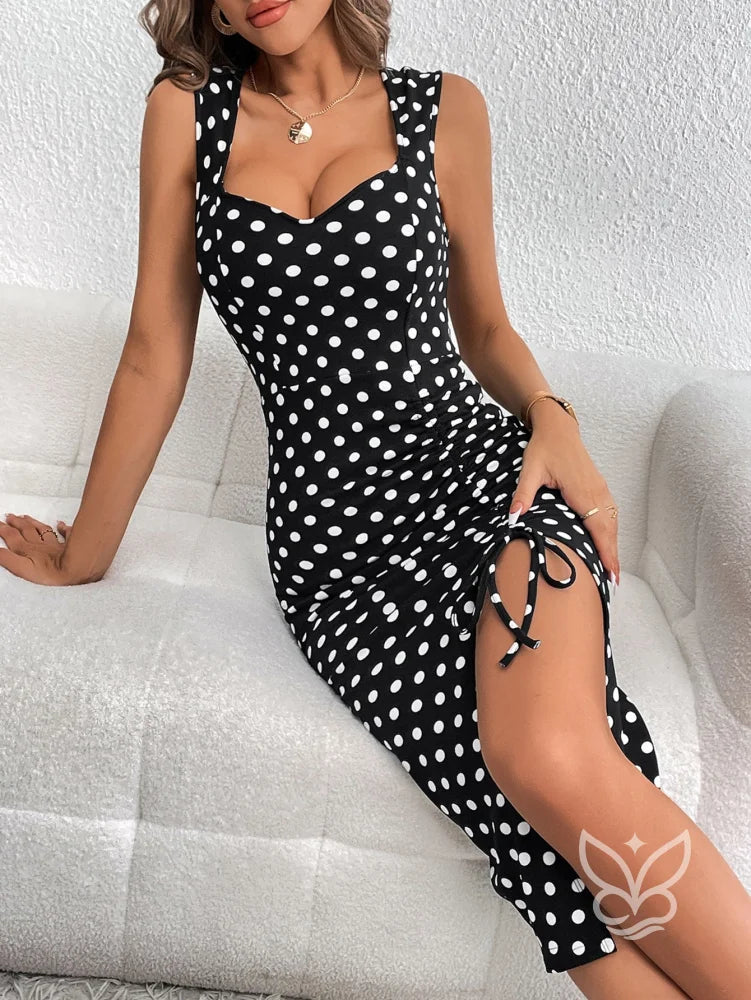 Vestido Poá Com Cordão Fenda Lateral Ajustável Elegante Preto / PP Vestido Poá Com Cordão Fenda Lateral Ajustável