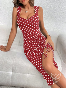 Vestido Poá Com Cordão Fenda Lateral Ajustável Elegante Vermelho / PP Vestido Poá Com Cordão Fenda Lateral Ajustável