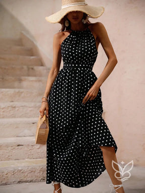 Vestido Poá Maxi Decote Halter Fluído Feminino Vestido Poá Maxi Decote Halter Fluído Feminino