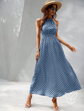 Vestido Poá Maxi Decote Halter Fluído Feminino Vestido Poá Maxi Decote Halter Fluído Feminino