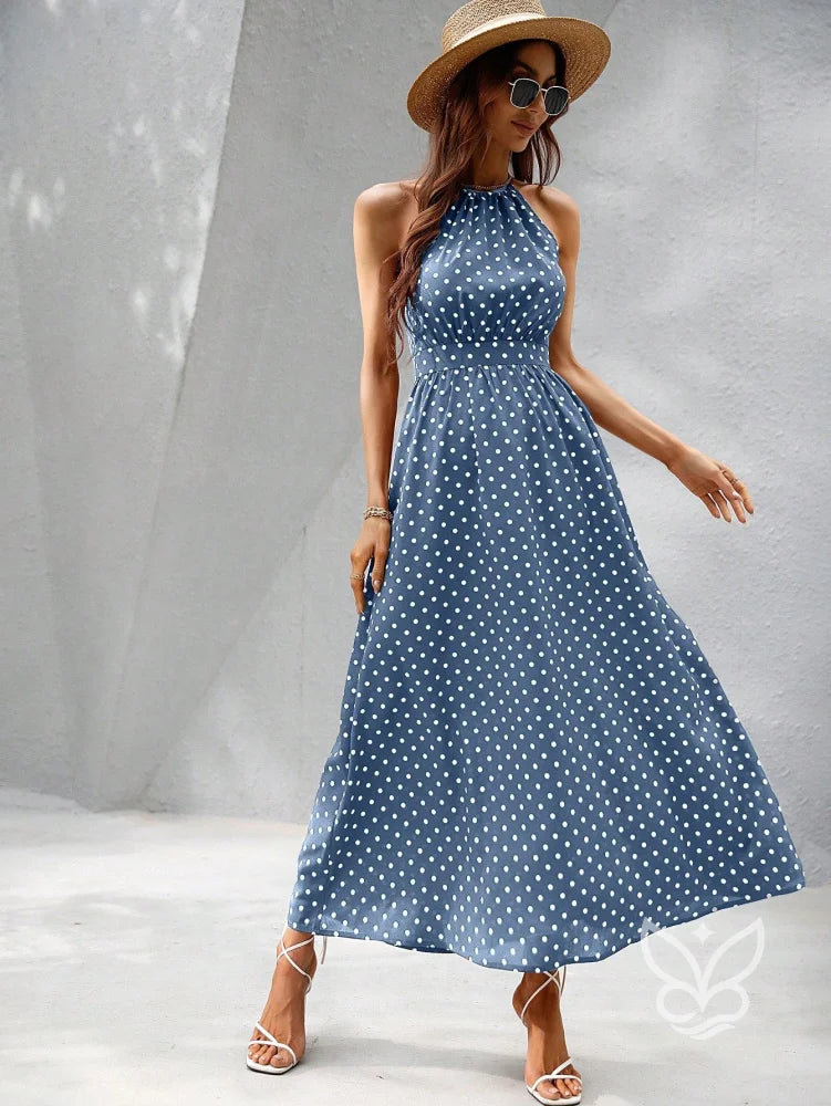 Vestido Poá Maxi Decote Halter Fluído Feminino Vestido Poá Maxi Decote Halter Fluído Feminino