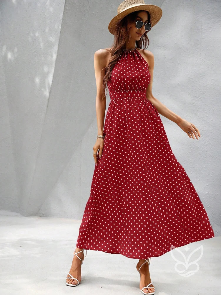 Vestido Poá Maxi Decote Halter Fluído Feminino Vestido Poá Maxi Decote Halter Fluído Feminino