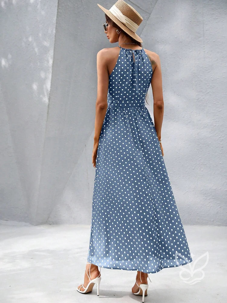 Vestido Poá Maxi Decote Halter Fluído Feminino Vestido Poá Maxi Decote Halter Fluído Feminino
