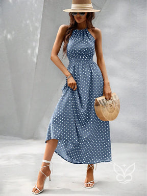 Vestido Poá Maxi Decote Halter Fluído Feminino Vestido Poá Maxi Decote Halter Fluído Feminino