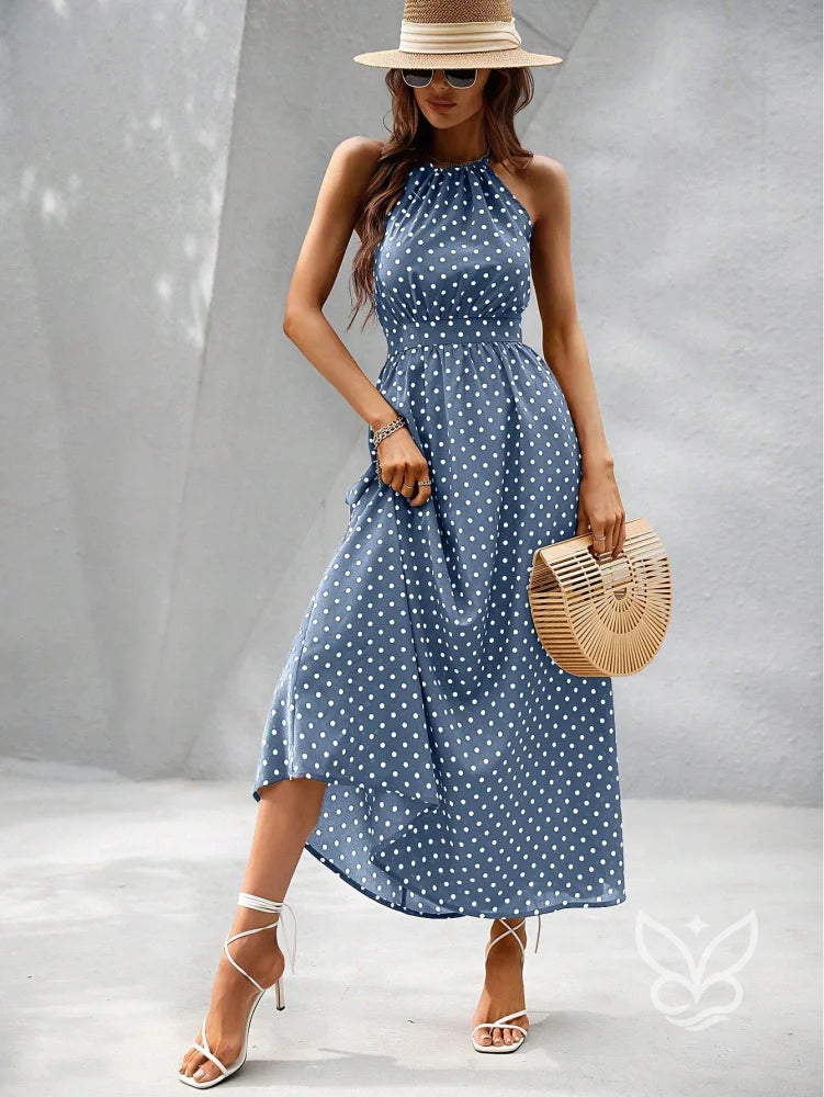 Vestido Poá Maxi Decote Halter Fluído Feminino Vestido Poá Maxi Decote Halter Fluído Feminino