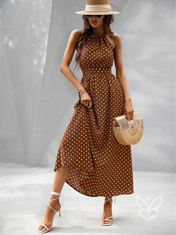 Vestido Poá Maxi Decote Halter Fluído Feminino Vestido Poá Maxi Decote Halter Fluído Feminino