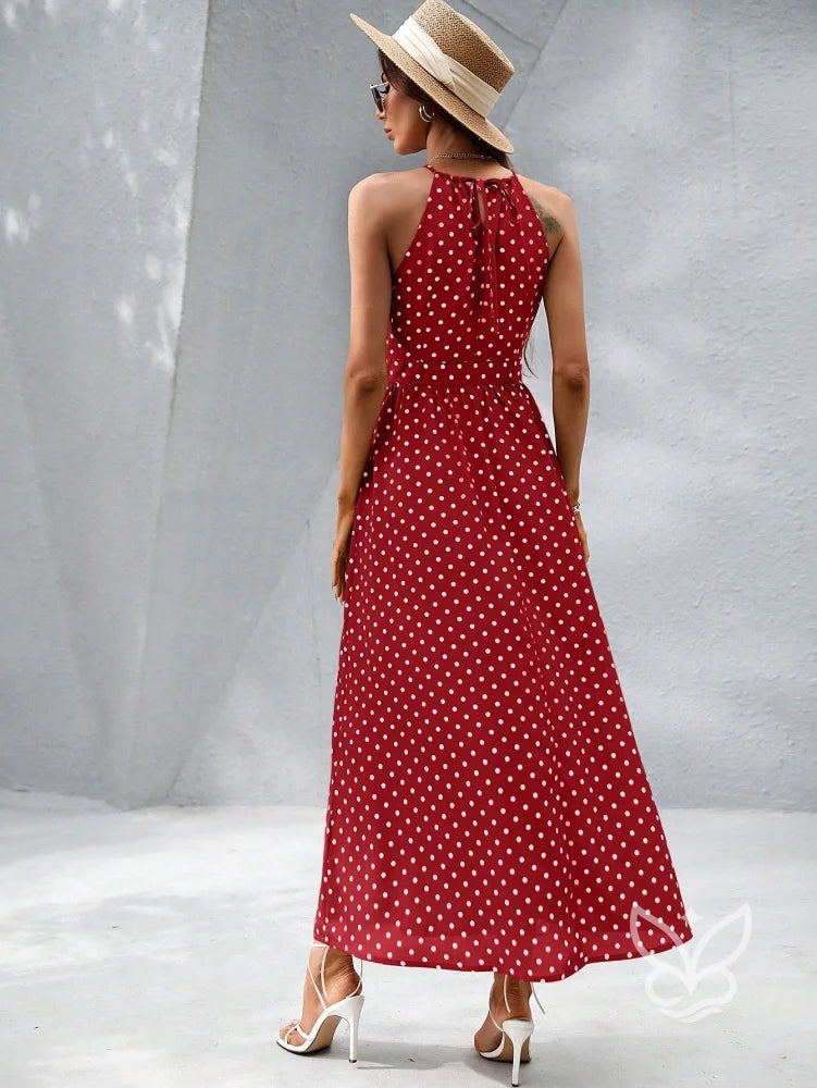Vestido Poá Maxi Decote Halter Fluído Feminino Vestido Poá Maxi Decote Halter Fluído Feminino