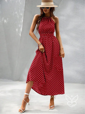 Vestido Poá Maxi Decote Halter Fluído Feminino Vestido Poá Maxi Decote Halter Fluído Feminino