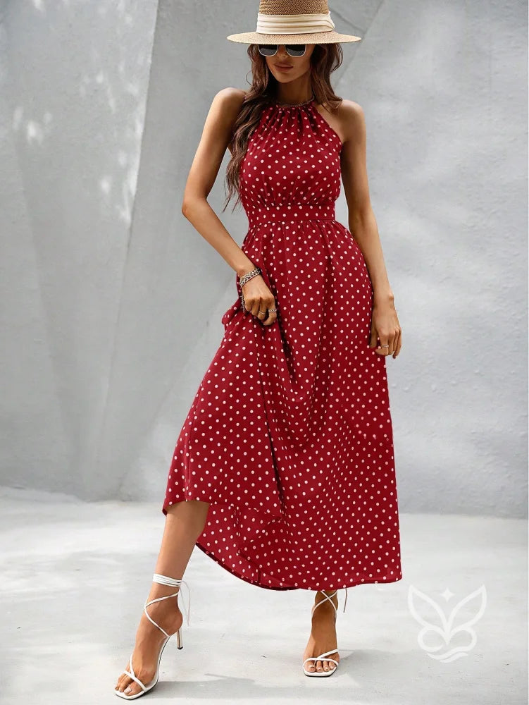 Vestido Poá Maxi Decote Halter Fluído Feminino Vestido Poá Maxi Decote Halter Fluído Feminino