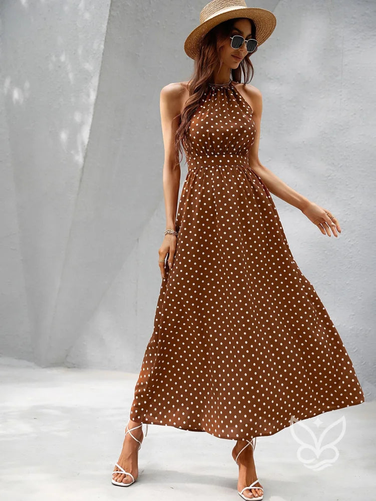 Vestido Poá Maxi Decote Halter Fluído Feminino Vestido Poá Maxi Decote Halter Fluído Feminino