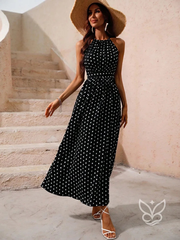 Vestido Poá Maxi Decote Halter Fluído Feminino Vestido Poá Maxi Decote Halter Fluído Feminino
