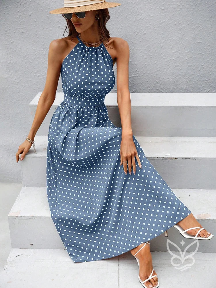 Vestido Poá Maxi Decote Halter Fluído Feminino Azul / PP Vestido Poá Maxi Decote Halter Fluído Feminino