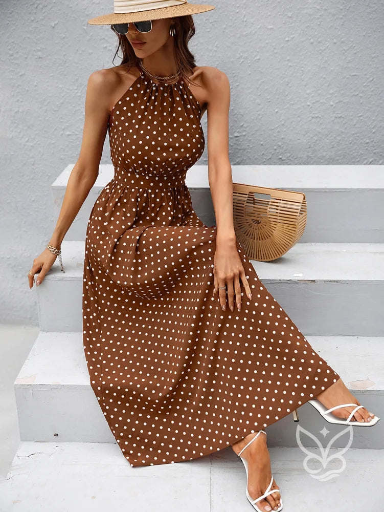 Vestido Poá Maxi Decote Halter Fluído Feminino Castanho / PP Vestido Poá Maxi Decote Halter Fluído Feminino