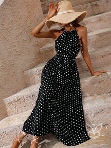 Vestido Poá Maxi Decote Halter Fluído Feminino Preto / PP Vestido Poá Maxi Decote Halter Fluído Feminino
