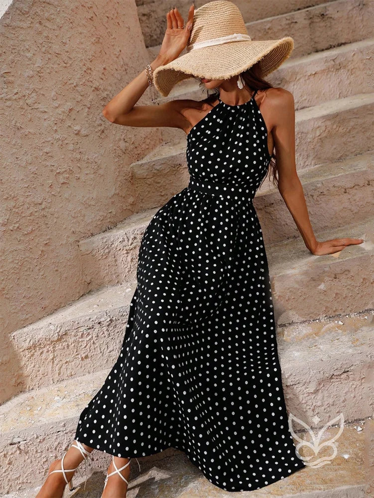 Vestido Poá Maxi Decote Halter Fluído Feminino Preto / PP Vestido Poá Maxi Decote Halter Fluído Feminino