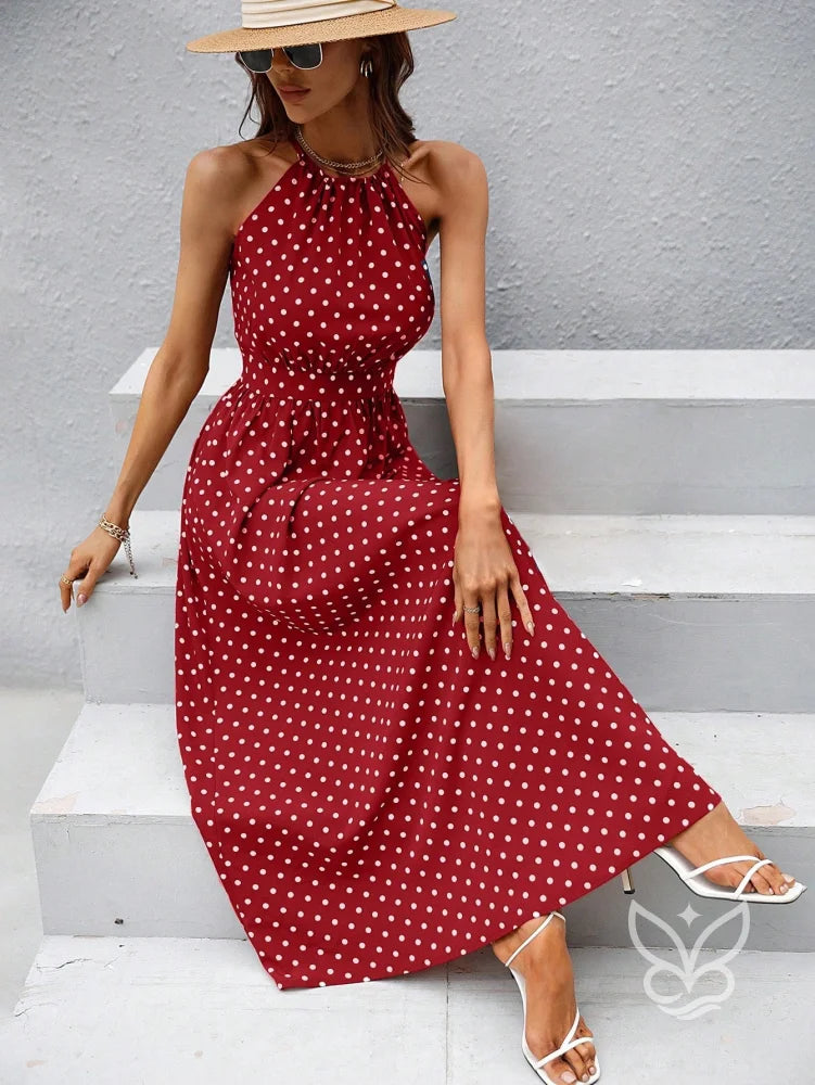 Vestido Poá Maxi Decote Halter Fluído Feminino Vermelho / PP Vestido Poá Maxi Decote Halter Fluído Feminino