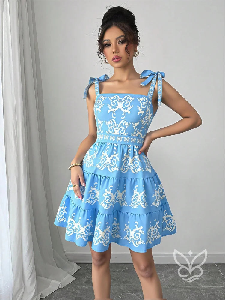 Vestido Rodado Com Alça Laço E Bordado Floral Contrastante Vestido Rodado Com Alça Laço E Bordado Floral Contrastante