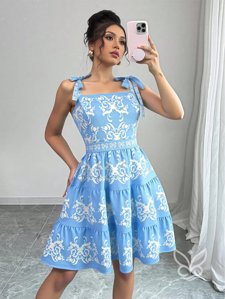 Vestido Rodado Com Alça Laço E Bordado Floral Contrastante Vestido Rodado Com Alça Laço E Bordado Floral Contrastante