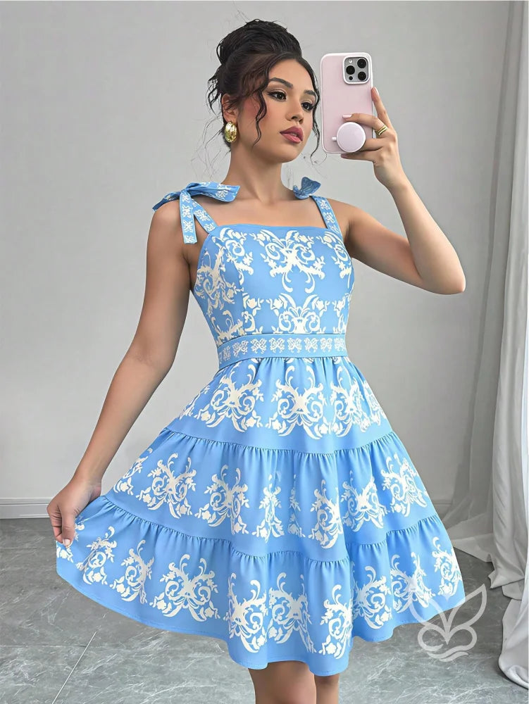 Vestido Rodado Com Alça Laço E Bordado Floral Contrastante Azul Bebê / PP Vestido Rodado Com Alça Laço E Bordado Floral