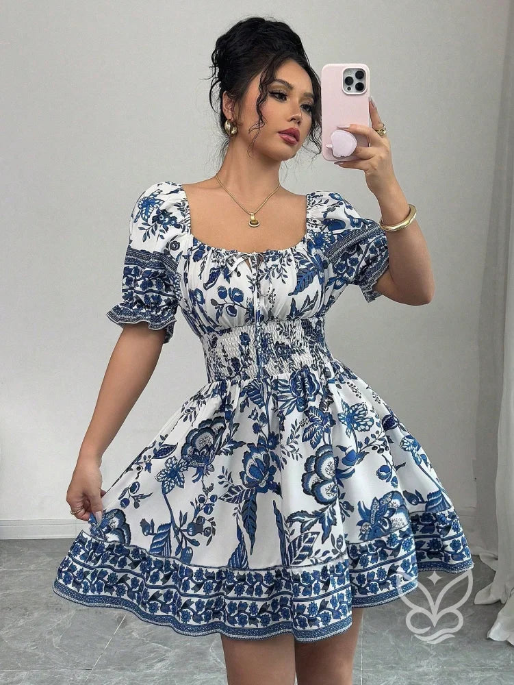 Vestido Rodado Com Estampa Floral E Manga Bufante Vestido Rodado Com Estampa Floral E Manga Bufante