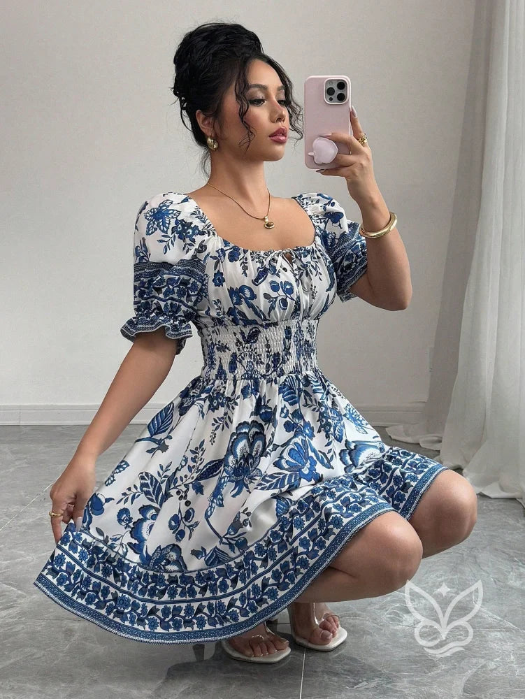 Vestido Rodado Com Estampa Floral E Manga Bufante Azul / PP Vestido Rodado Com Estampa Floral E Manga Bufante