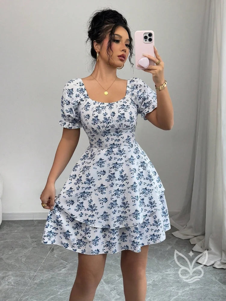 Vestido Rodado Com Manga Bufante E Estampa Delicada Vestido Rodado Com Manga Bufante E Estampa Delicada