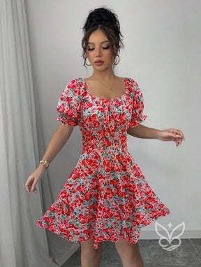 Vestido Rodado Com Manga Bufante E Estampa Delicada Vestido Rodado Com Manga Bufante E Estampa Delicada