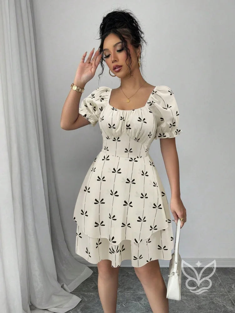 Vestido Rodado Com Manga Bufante E Estampa Delicada Vestido Rodado Com Manga Bufante E Estampa Delicada