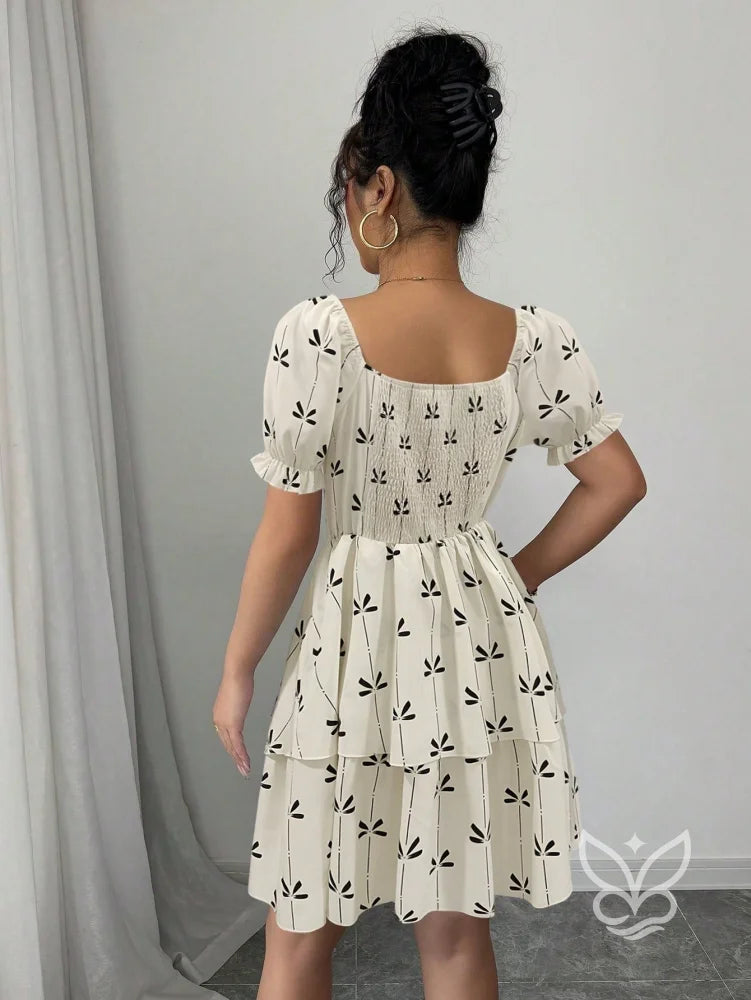 Vestido Rodado Com Manga Bufante E Estampa Delicada Vestido Rodado Com Manga Bufante E Estampa Delicada