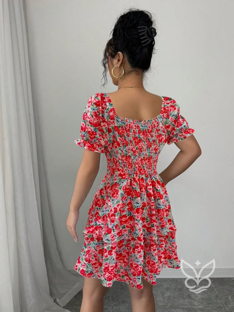 Vestido Rodado Com Manga Bufante E Estampa Delicada Vestido Rodado Com Manga Bufante E Estampa Delicada
