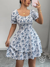 Vestido Rodado Com Manga Bufante E Estampa Delicada Azul / PP Vestido Rodado Com Manga Bufante E Estampa Delicada