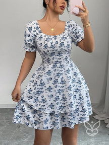 Vestido Rodado Com Manga Bufante E Estampa Delicada Azul / PP Vestido Rodado Com Manga Bufante E Estampa Delicada