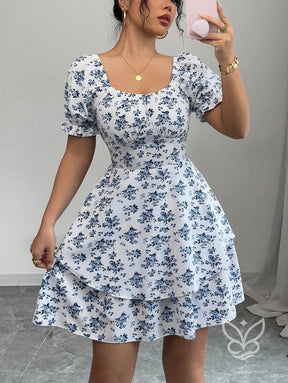 Vestido Rodado Com Manga Bufante E Estampa Delicada Azul / PP Vestido Rodado Com Manga Bufante E Estampa Delicada