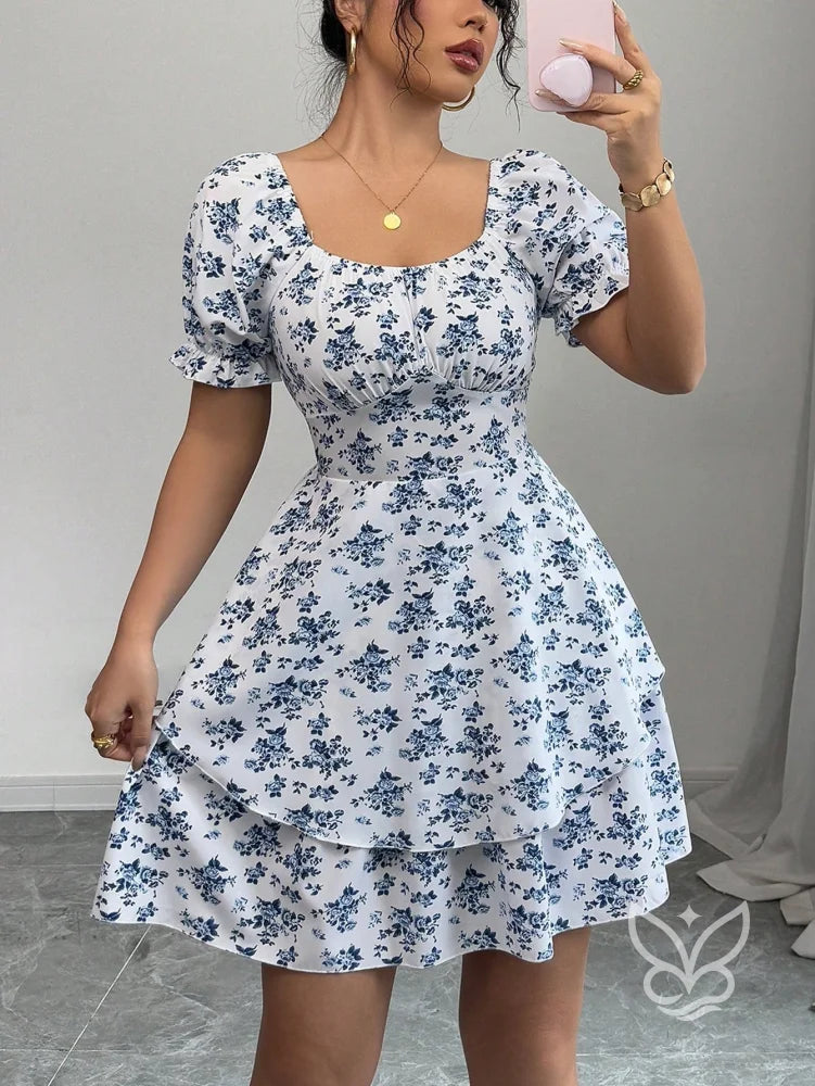 Vestido Rodado Com Manga Bufante E Estampa Delicada Azul / PP Vestido Rodado Com Manga Bufante E Estampa Delicada