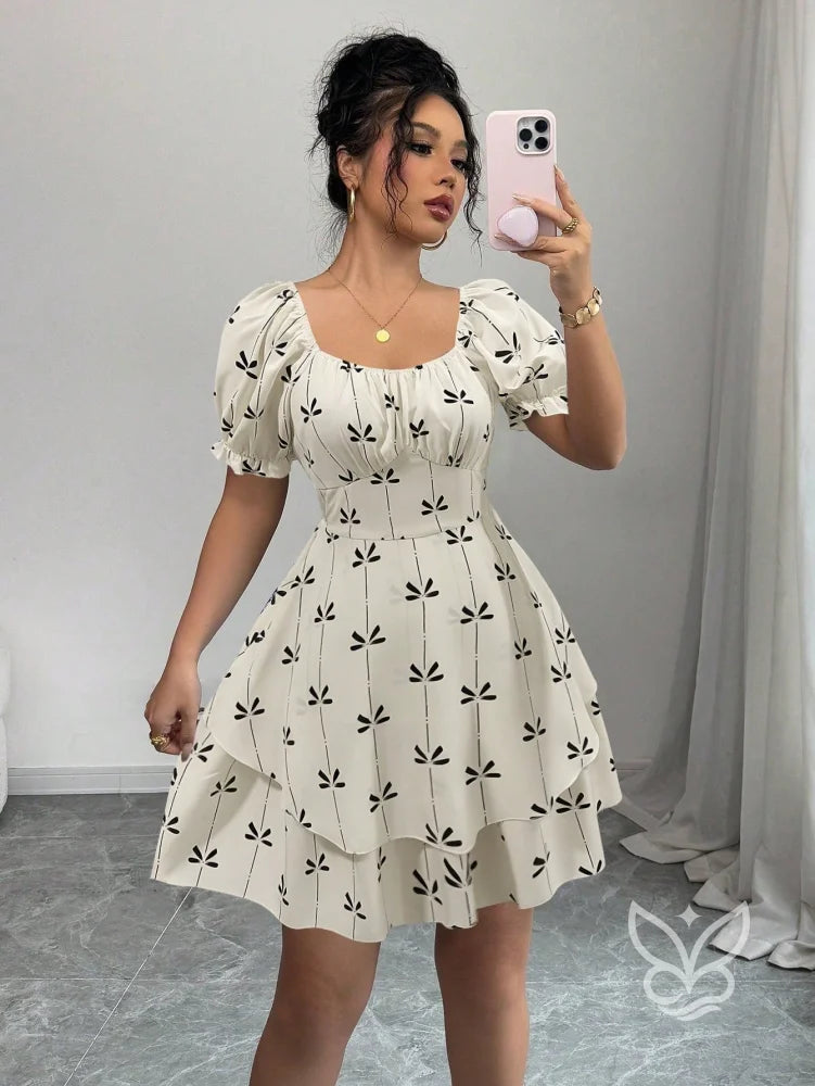 Vestido Rodado Com Manga Bufante E Estampa Delicada Bege / PP Vestido Rodado Com Manga Bufante E Estampa Delicada