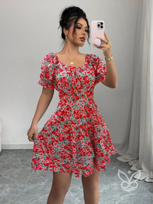 Vestido Rodado Com Manga Bufante E Estampa Delicada Vermelho / PP Vestido Rodado Com Manga Bufante E Estampa Delicada