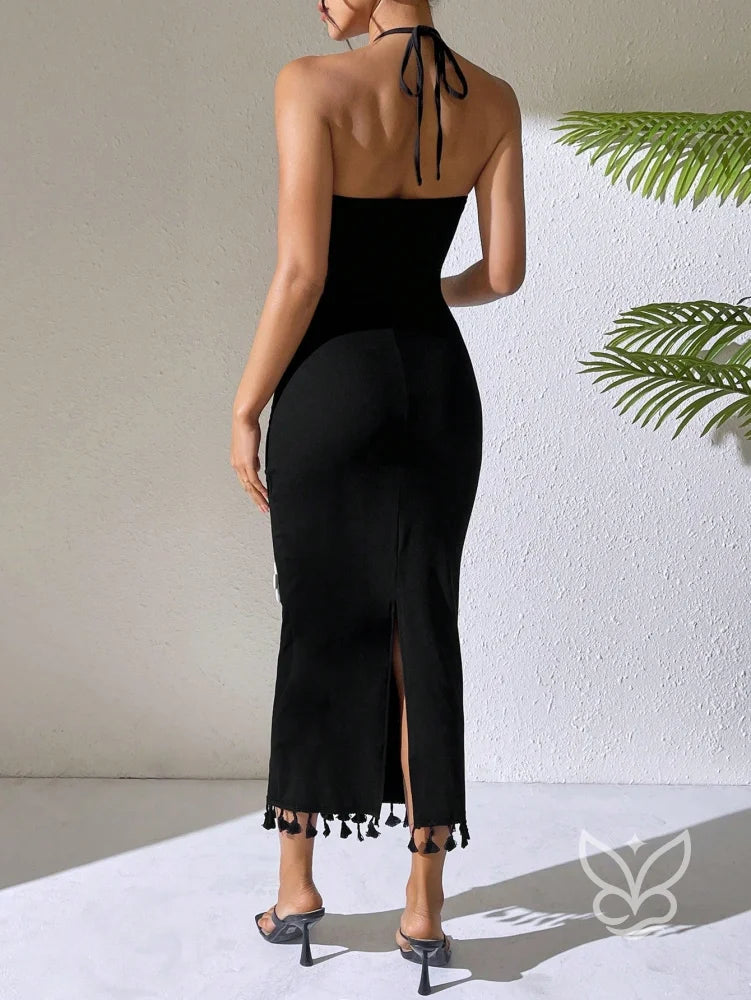 Vestido Sem Manga Decote Decorado E Modelagem Acinturada Vestido Sem Manga Decote Decorado E Modelagem Acinturada