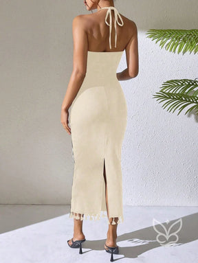 Vestido Sem Manga Decote Decorado E Modelagem Acinturada Vestido Sem Manga Decote Decorado E Modelagem Acinturada