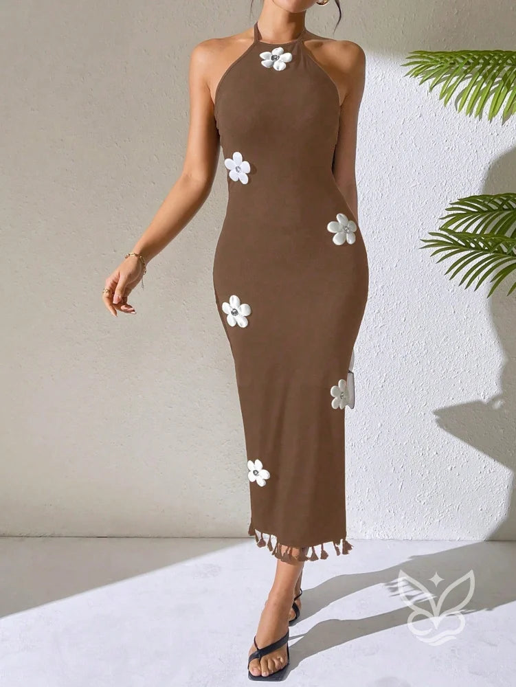 Vestido Sem Manga Decote Decorado E Modelagem Acinturada Vestido Sem Manga Decote Decorado E Modelagem Acinturada