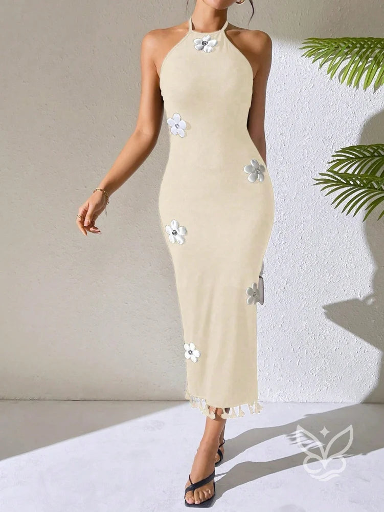 Vestido Sem Manga Decote Decorado E Modelagem Acinturada Vestido Sem Manga Decote Decorado E Modelagem Acinturada